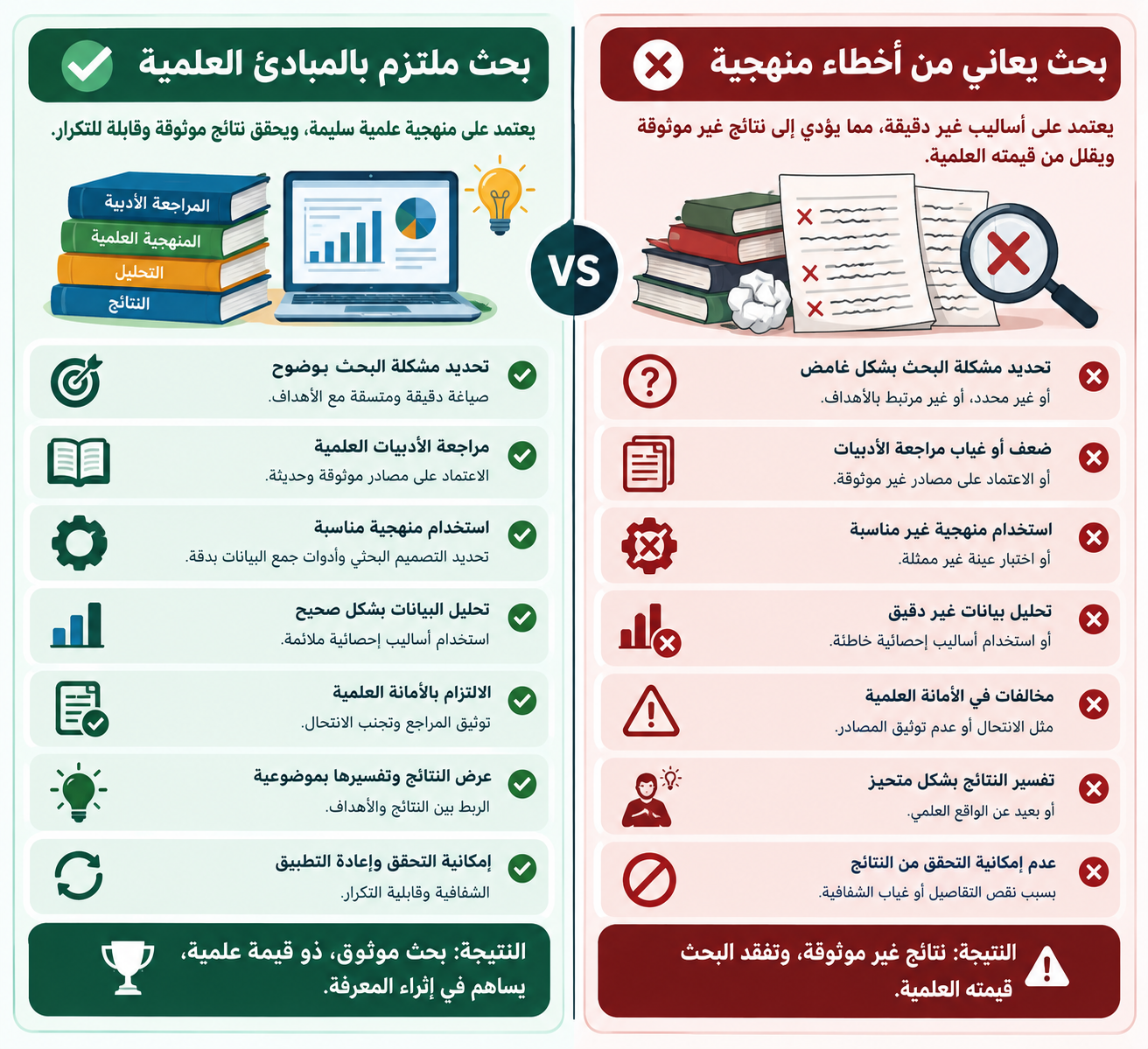 مقارنة بحث ملتزم بالمبادئ العلمية × بحث يعاني من أخطاء منهجية